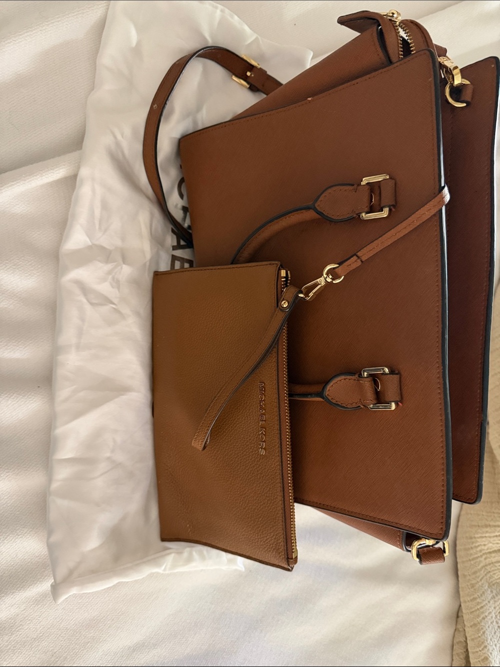 MICHAEL KORS Tan Saffiano Leather Satchel with Removable Strap